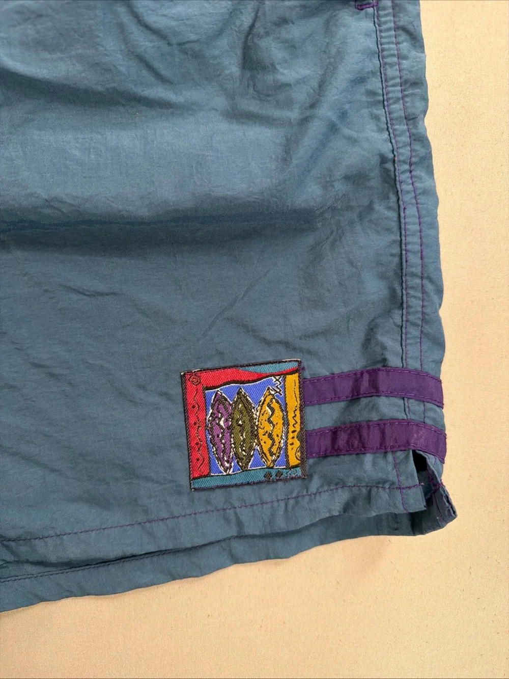 Vintage Men's Teal Elastic-Waist Swim Trunks with Embroidered Logo Patch